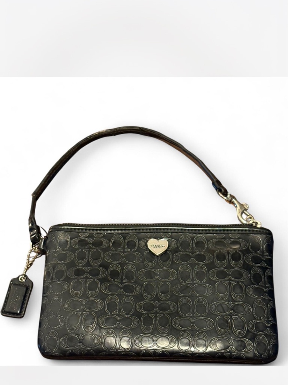 Coach Black Embossed Signature Wristlet with Heart Charm